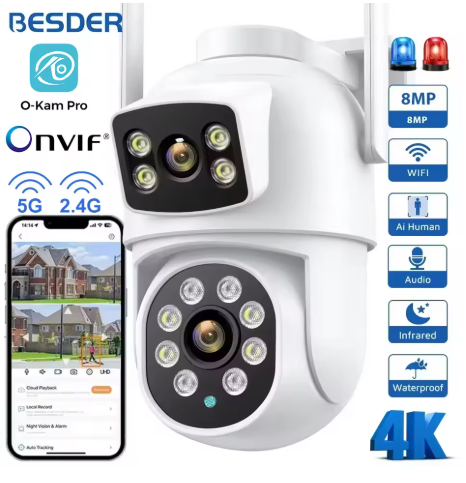 BESDER 4K 8MP Wifi Camera PTZ Outdoor Dual Screen Human Detection Dual Lenses 10MP Security Protection IP Camera Audio O-Kam Pro